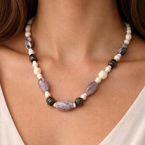 Artisanal Elegant Purple and Cream Beaded Necklace